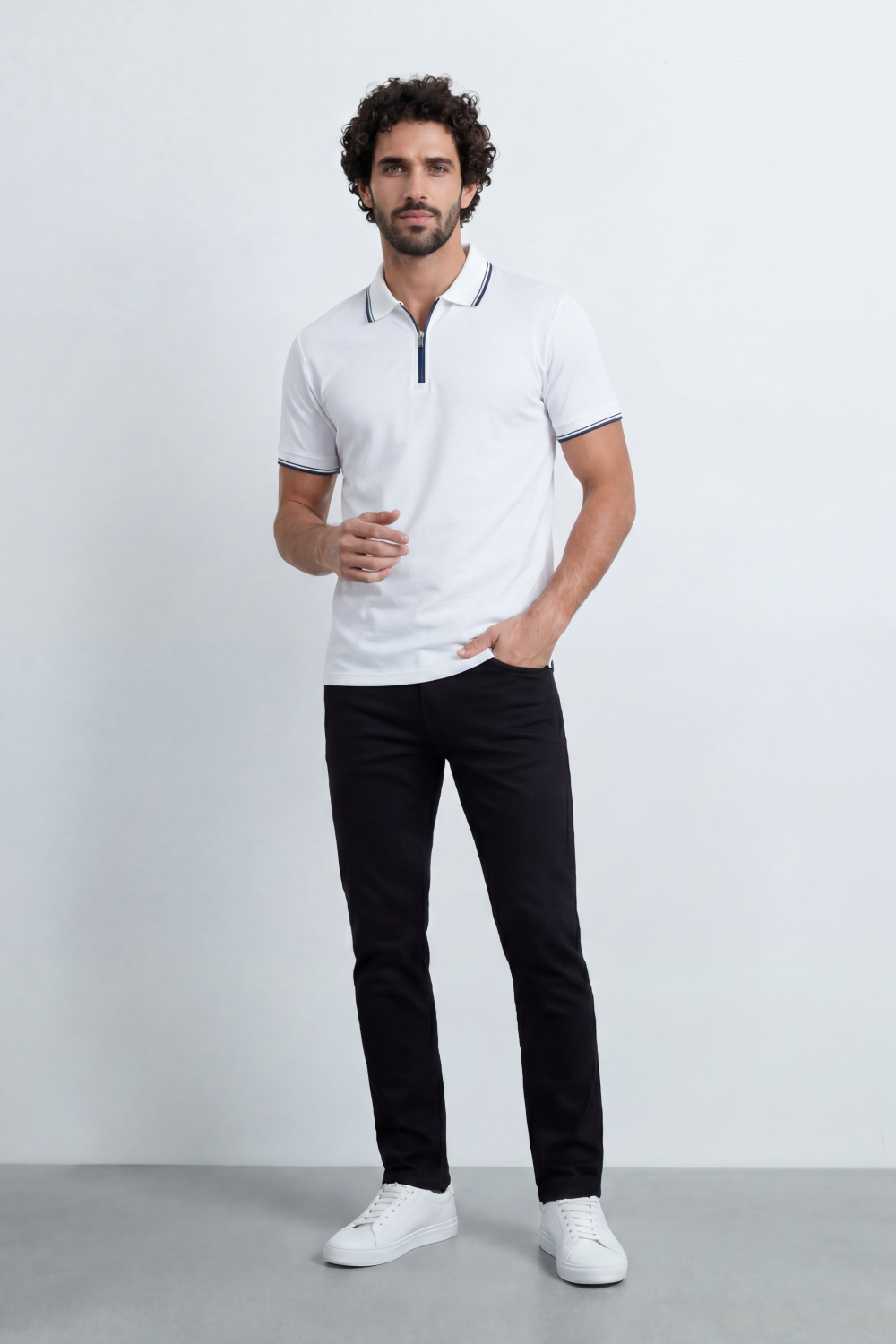 Men’s Tomato Store Zip Trim T-Shirt Polo Clean Solid Surface With Fine Micro Grain Texture Half Zip Front Contrast Tipping Trims Slim Fit