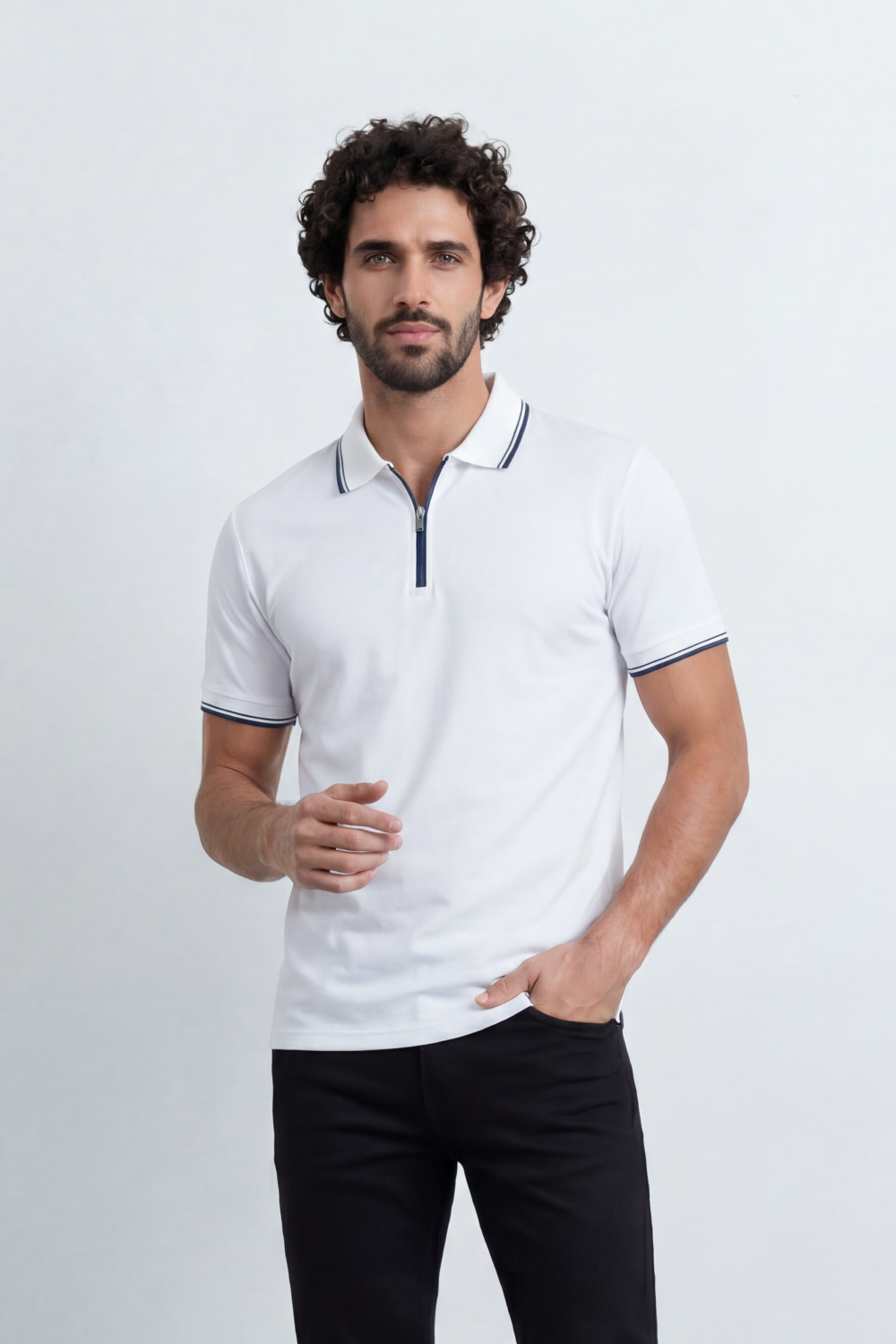 Men’s Tomato Store Zip Trim T-Shirt Polo Clean Solid Surface With Fine Micro Grain Texture Half Zip Front Contrast Tipping Trims Slim Fit