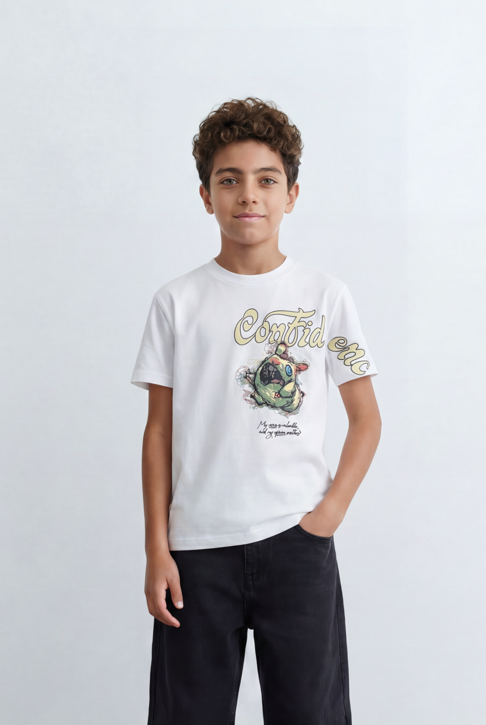 Boy's Tomato Store Artistic Graphic T-Shirt Confidence Typography Print Abstract Character Detail