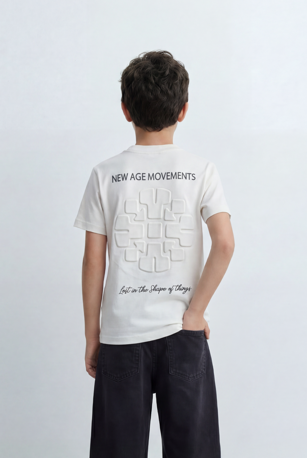 Boy's Back Graphic T-Shirt Showcasing Raised Geometric Artwork Typography Print