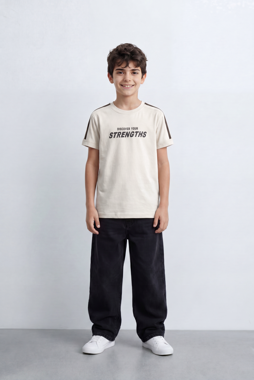 Boy's Graphic T-Shirt Bold Strengths Typography Print Contrast Shoulder Tape Details Turn Up Sleeves