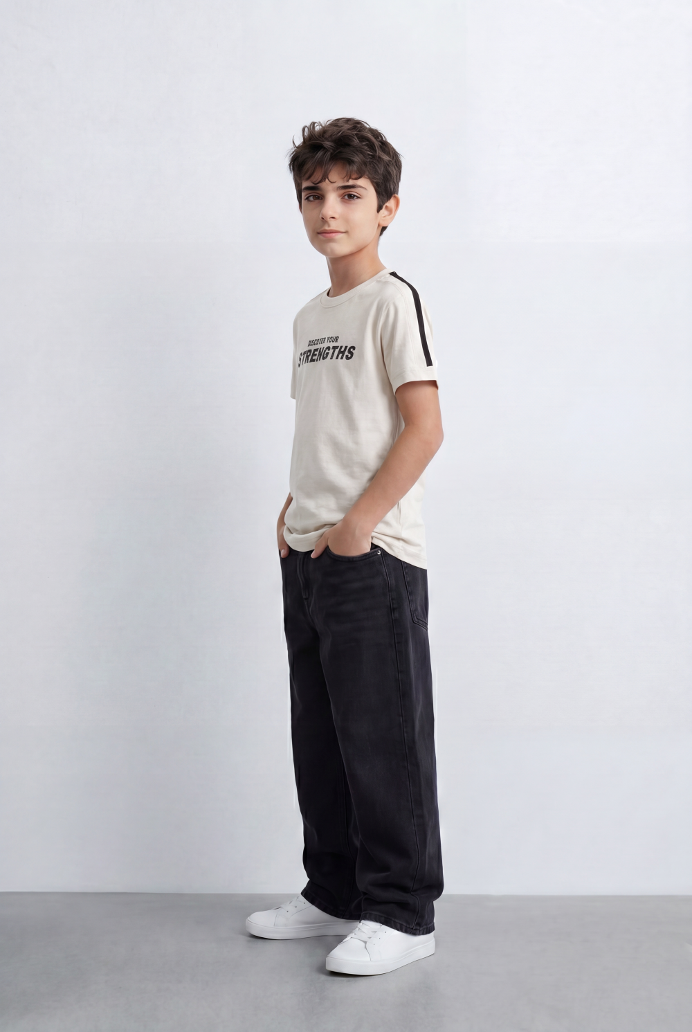 Boy's Graphic T-Shirt Bold Strengths Typography Print Contrast Shoulder Tape Details Turn Up Sleeves