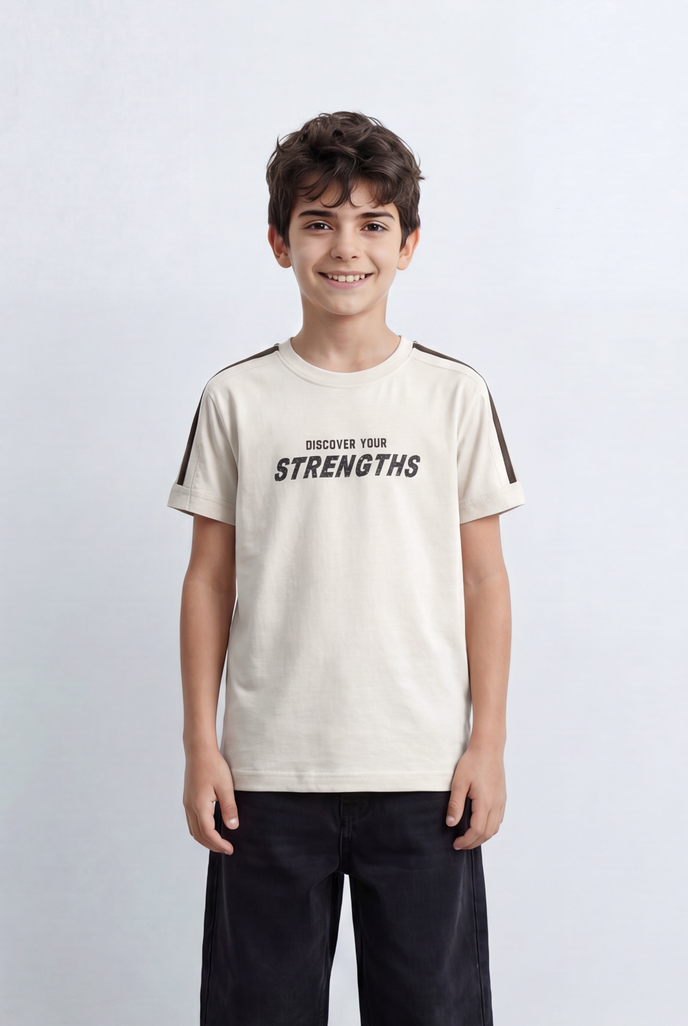 Boy's Graphic T-Shirt Bold Strengths Typography Print Contrast Shoulder Tape Details Turn Up Sleeves