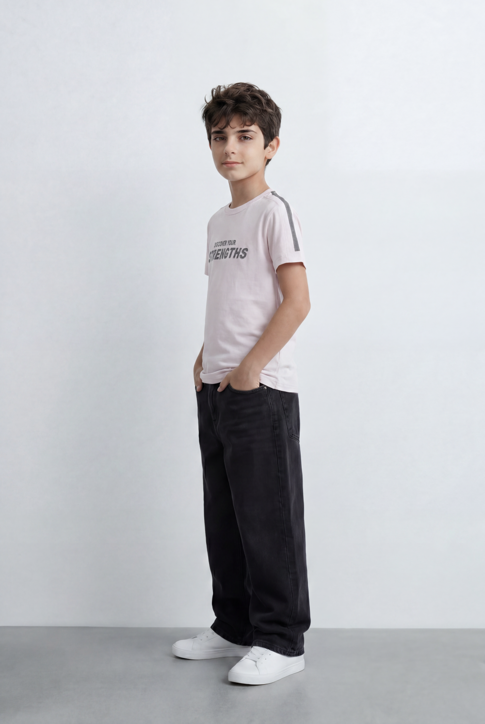 Boy's Graphic T-Shirt Bold Strengths Typography Print Contrast Shoulder Tape Details Turn Up Sleeves