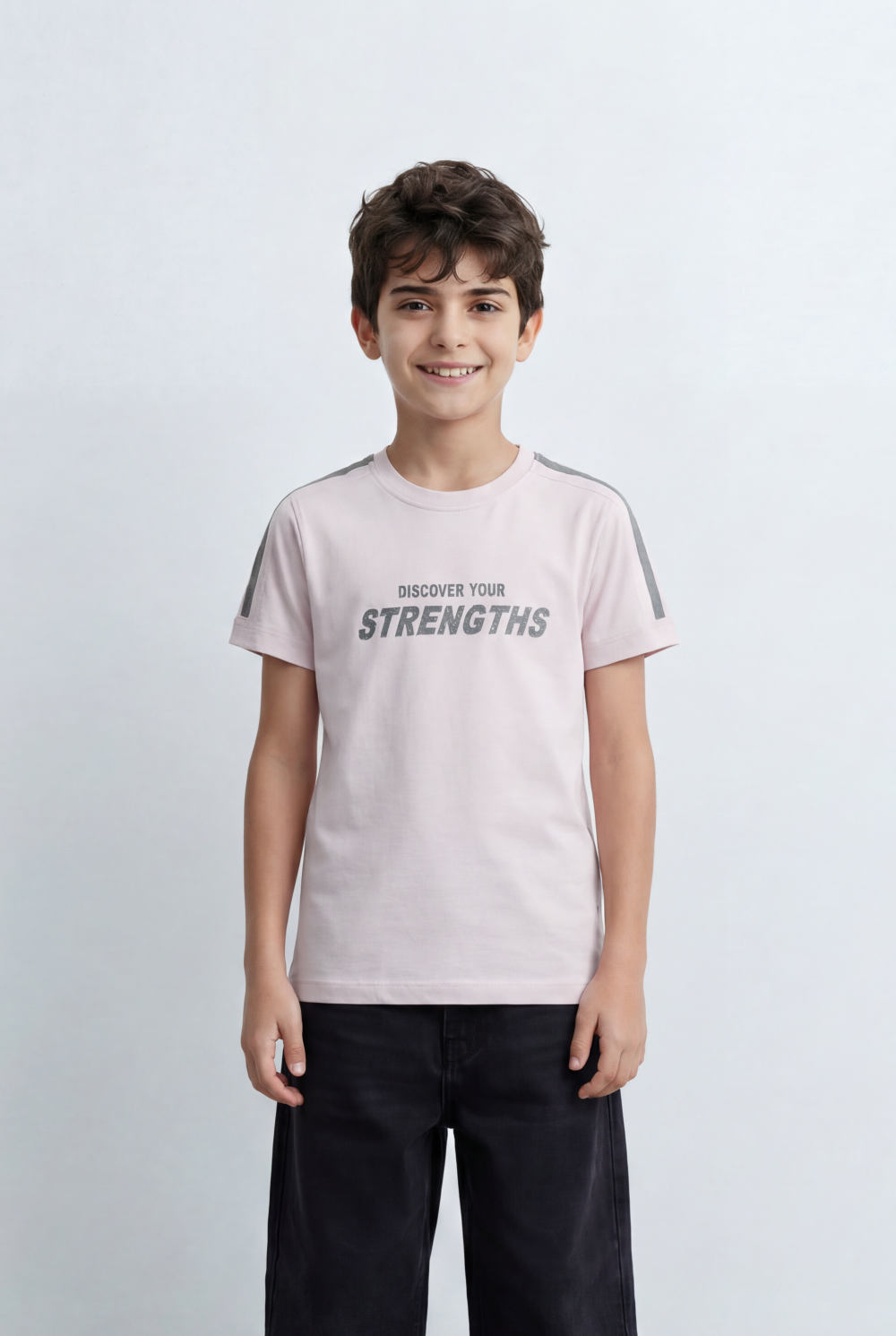 Boy's Graphic T-Shirt Bold Strengths Typography Print Contrast Shoulder Tape Details Turn Up Sleeves