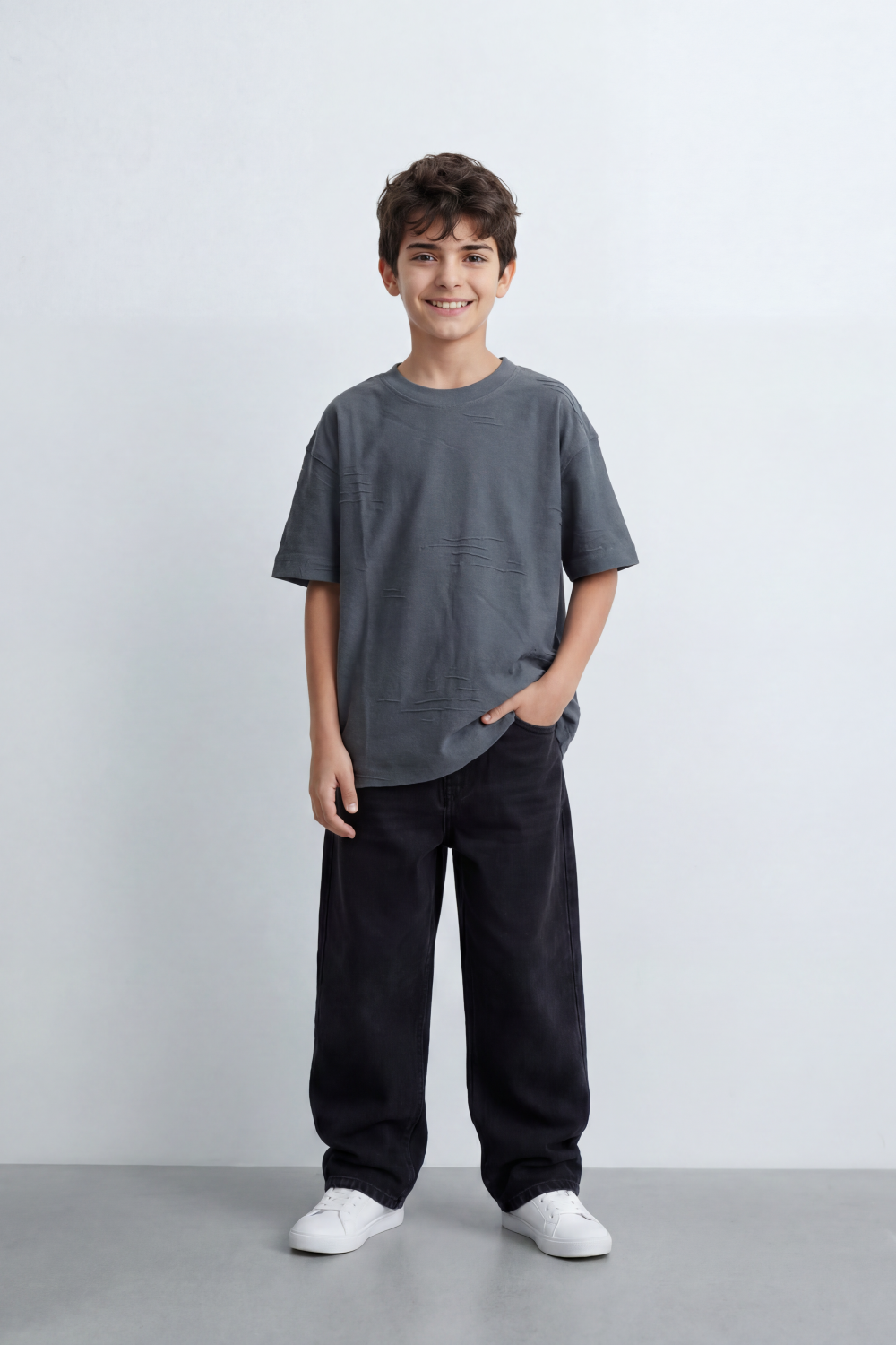 Boy's Tomato Store Slash Mark Oversized T-Shirt Tonal Broken Scratch Texture Scattered Across The Front Clean Solid Base Oversize