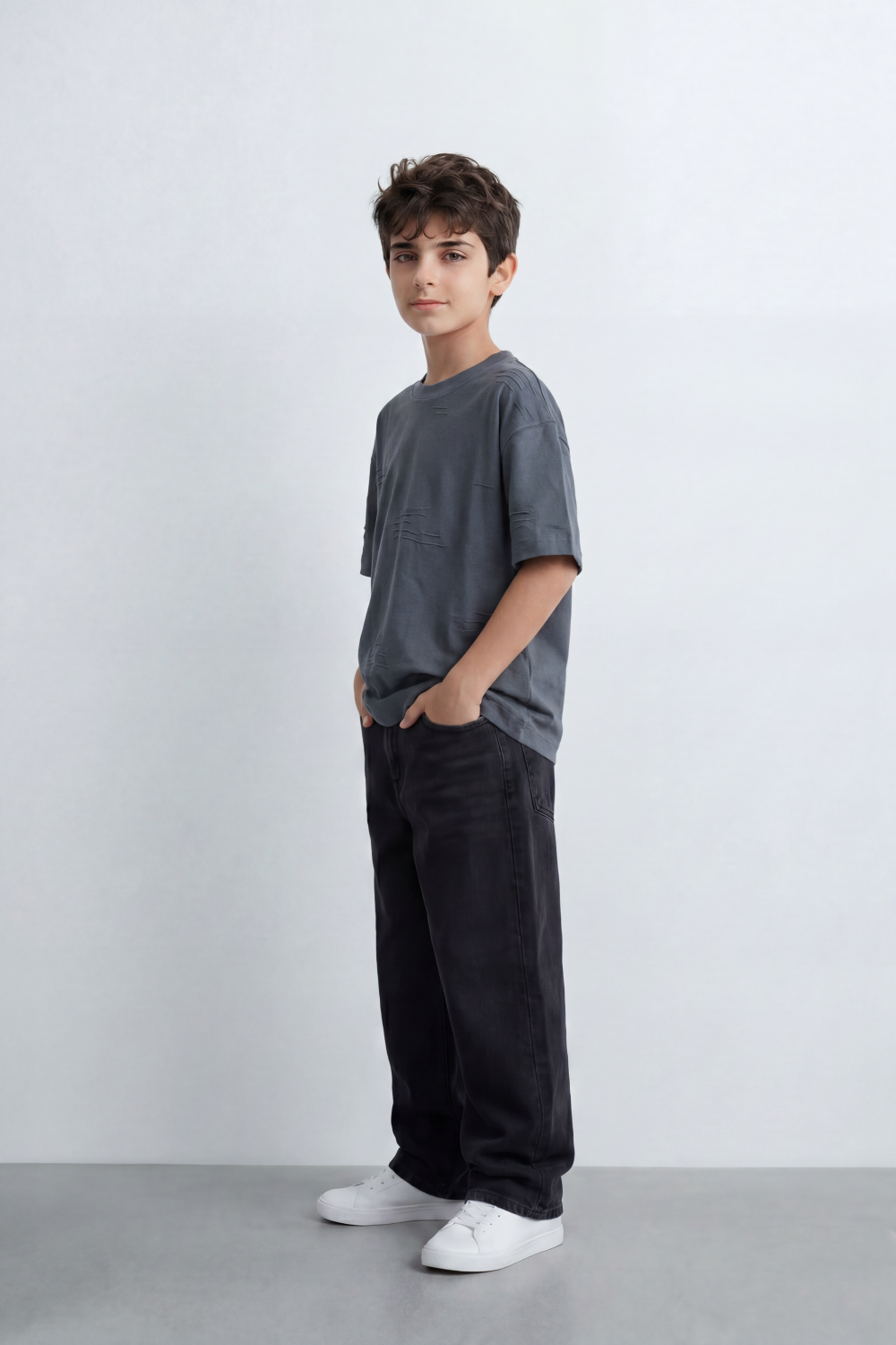 Boy's Tomato Store Slash Mark Oversized T-Shirt Tonal Broken Scratch Texture Scattered Across The Front Clean Solid Base Oversize