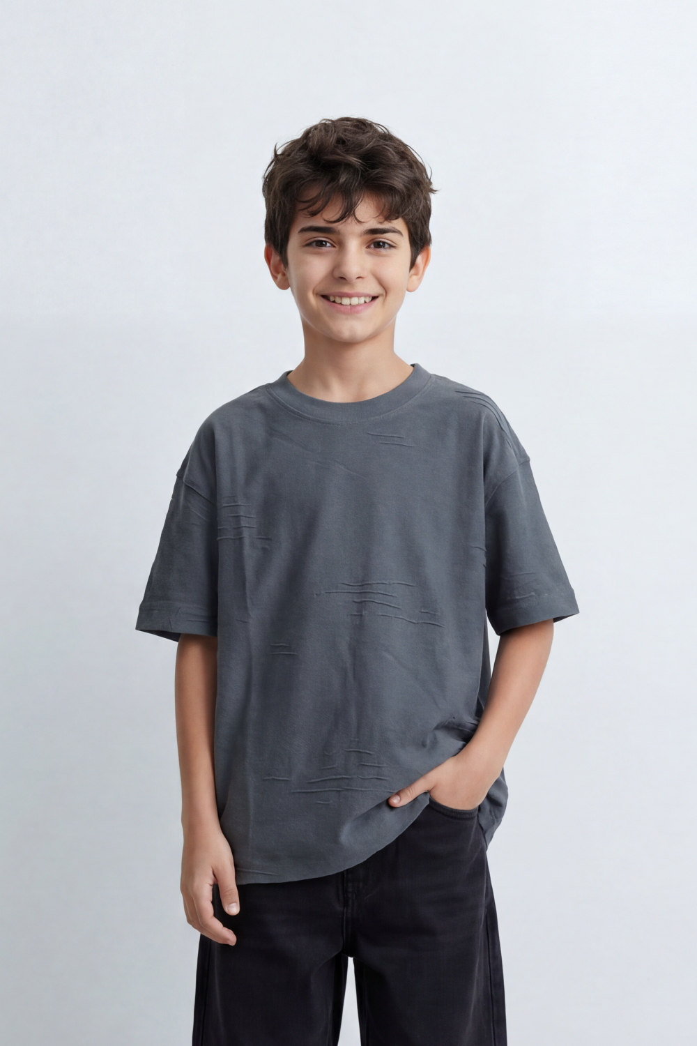 Boy's Tomato Store Slash Mark Oversized T-Shirt Tonal Broken Scratch Texture Scattered Across The Front Clean Solid Base Oversize