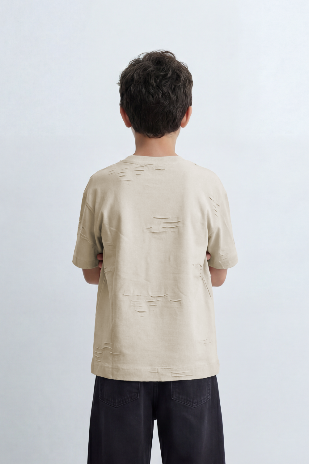 Boy's Tomato Store Slash Mark Oversized T-Shirt Tonal Broken Scratch Texture Scattered Across The Front Clean Solid Base Oversize