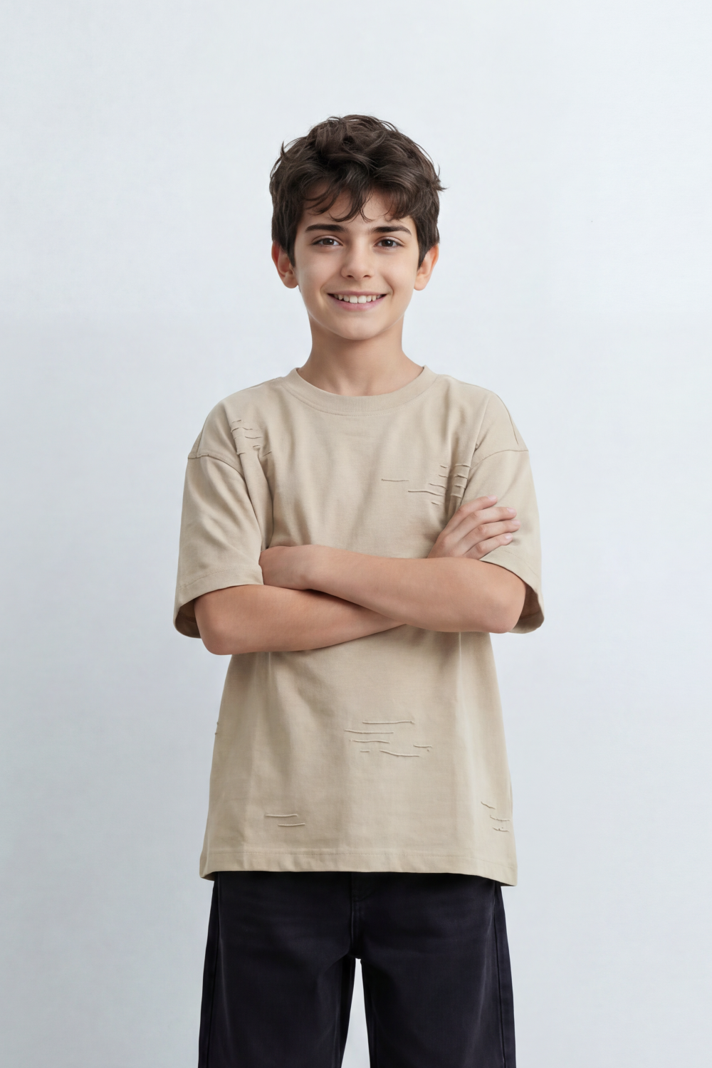 Boy's Tomato Store Slash Mark Oversized T-Shirt Tonal Broken Scratch Texture Scattered Across The Front Clean Solid Base Oversize