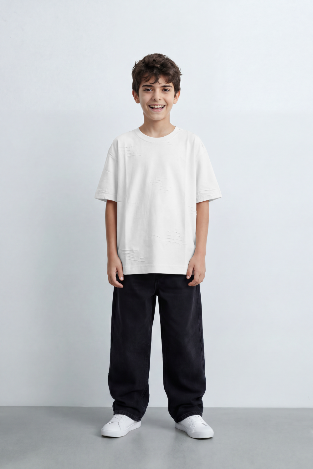 Boy's Tomato Store Slash Mark Oversized T-Shirt Tonal Broken Scratch Texture Scattered Across The Front Clean Solid Base Oversize