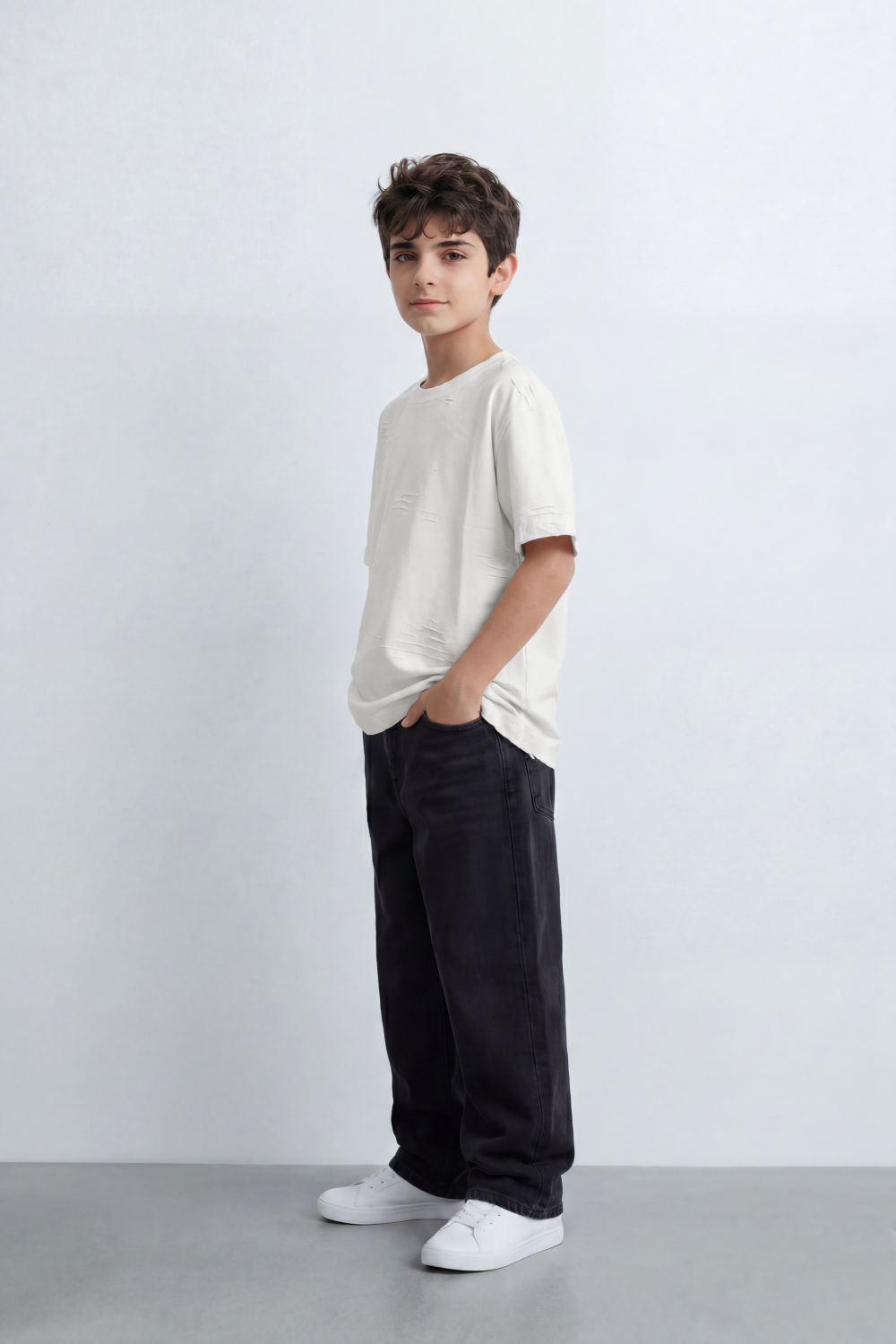 Boy's Tomato Store Slash Mark Oversized T-Shirt Tonal Broken Scratch Texture Scattered Across The Front Clean Solid Base Oversize
