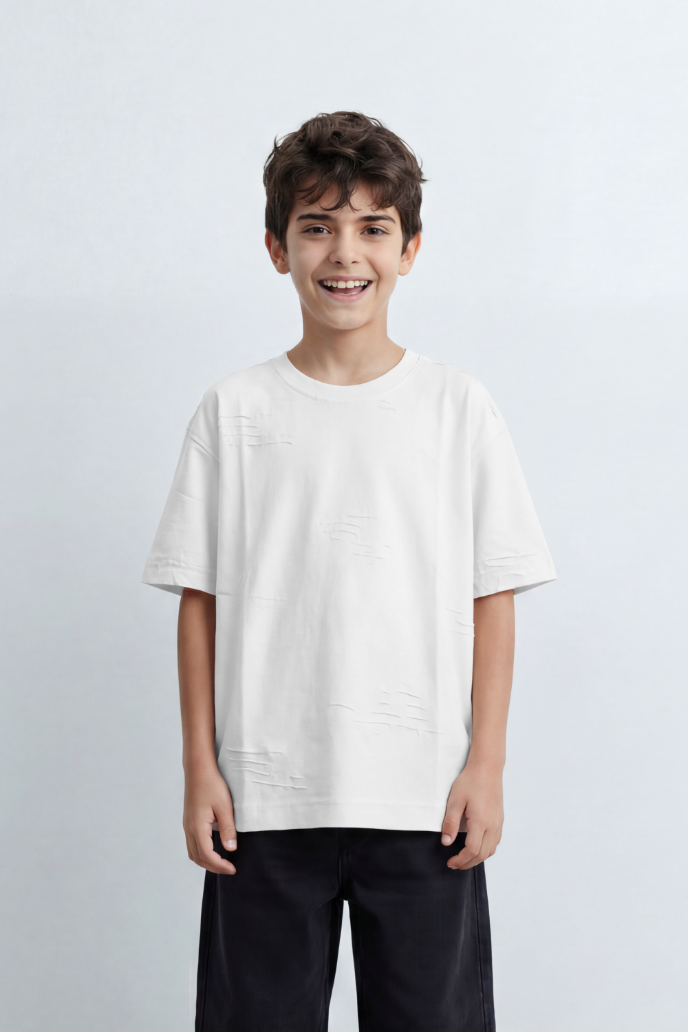 Boy's Tomato Store Slash Mark Oversized T-Shirt Tonal Broken Scratch Texture Scattered Across The Front Clean Solid Base Oversize