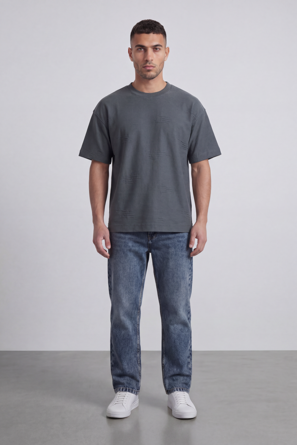 Men’s Tomato Store Graphite Scar T Shirt A Plain Body Broken With Tonal Scratch Mark Texture Scattered Front Detail Wide Relaxed Fit