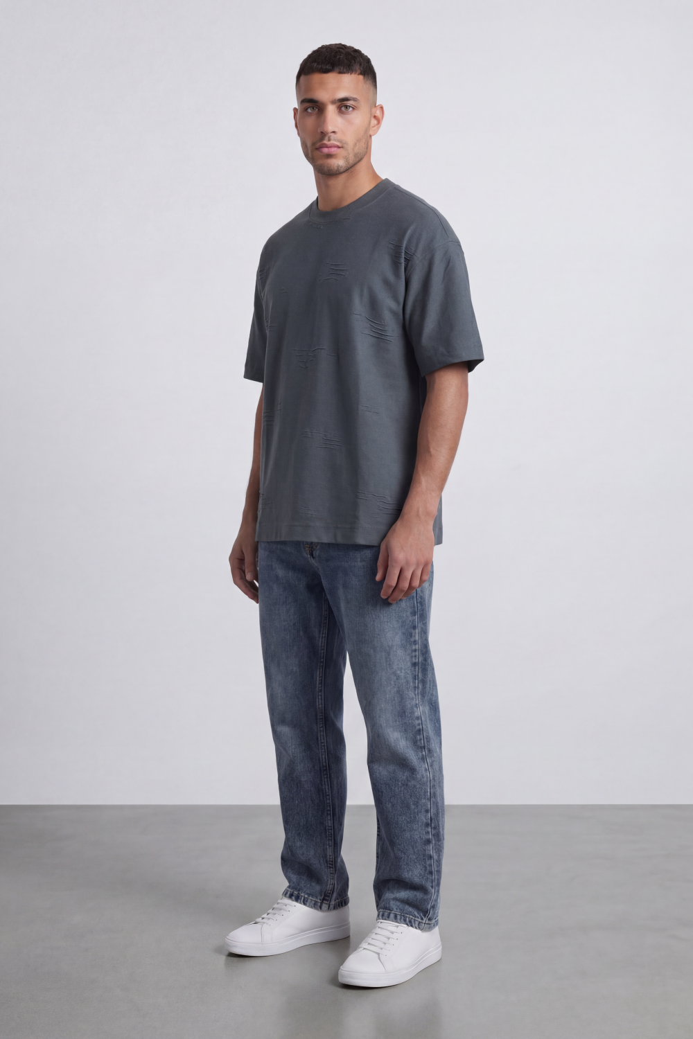 Men’s Tomato Store Graphite Scar T Shirt A Plain Body Broken With Tonal Scratch Mark Texture Scattered Front Detail Wide Relaxed Fit