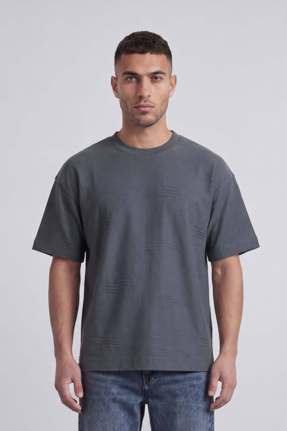 Men’s Tomato Store Graphite Scar T Shirt A Plain Body Broken With Tonal Scratch Mark Texture Scattered Front Detail Wide Relaxed Fit
