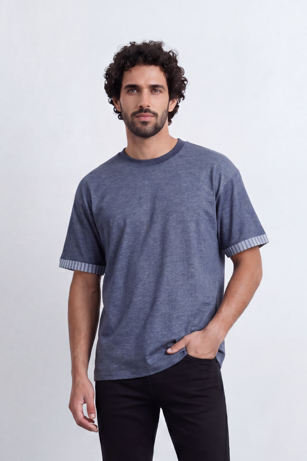 Men’s Tomato Store Melange Edge Relaxed T-Shirt Heathered Grain Surface Across A Plain Body Contrast Striped Trim Detail