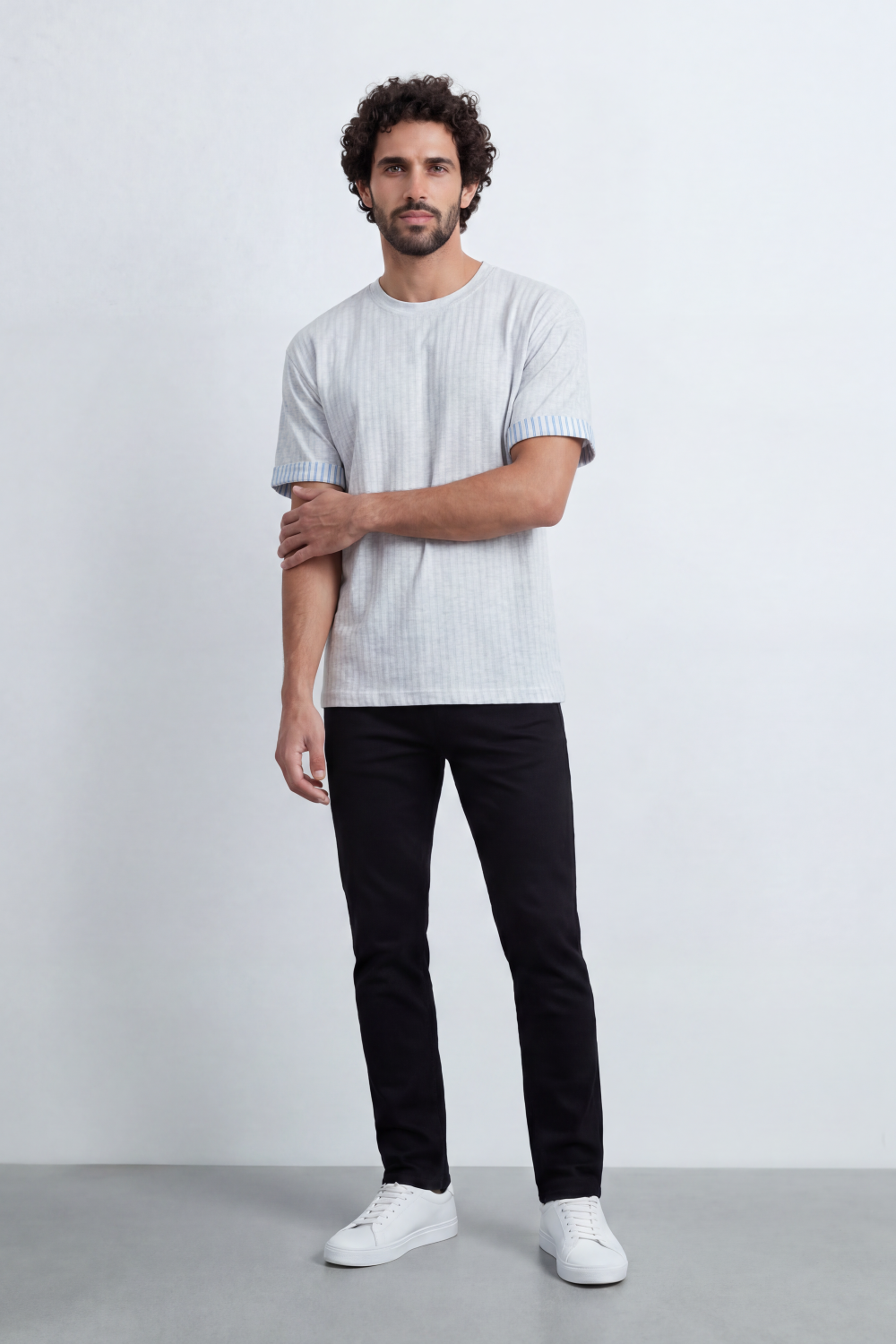 Men’s Tomato Store Melange Edge Relaxed T-Shirt Heathered Grain Surface Across A Plain Body Contrast Striped Trim Detail