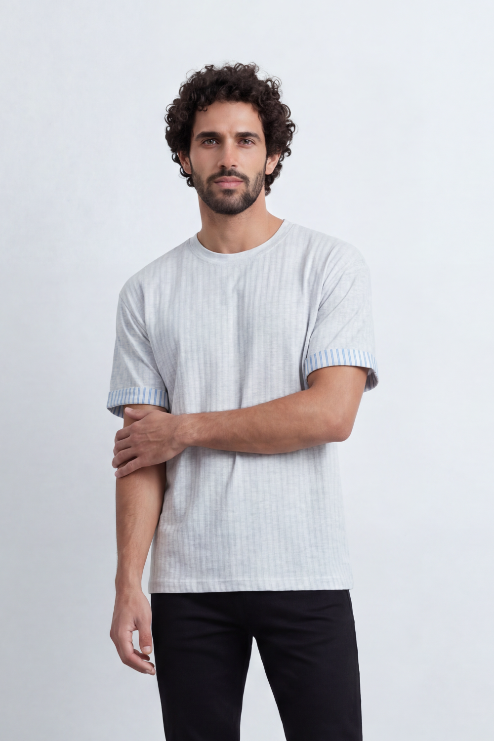 Men’s Tomato Store Melange Edge Relaxed T-Shirt Heathered Grain Surface Across A Plain Body Contrast Striped Trim Detail
