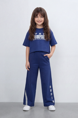 Girl's Tomato Store Summer Melton Co-Ord Set Bold Sport Typography Side Stripe Detail Open Back Slogan Tie Waist Finish Oversize Outfit