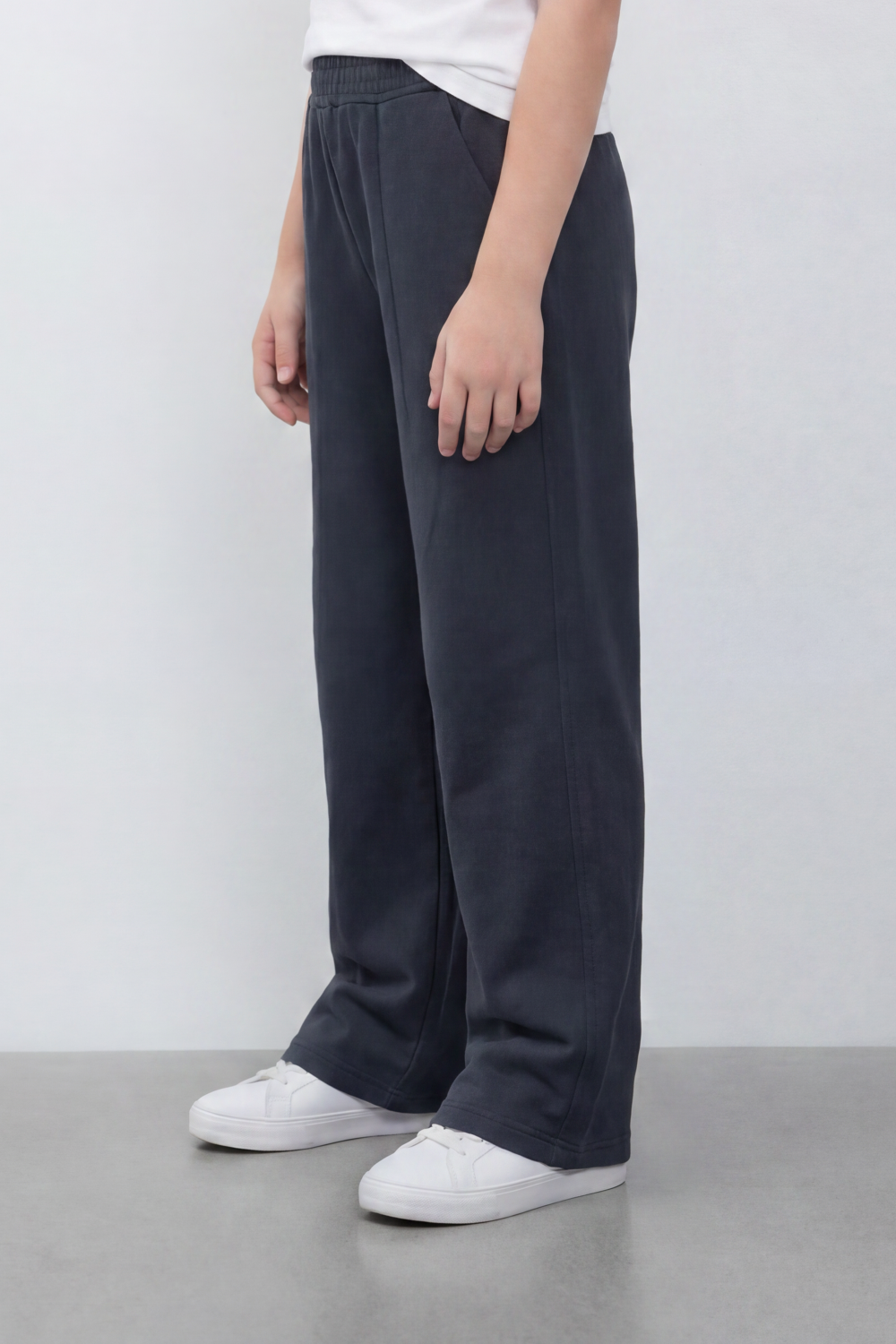 Girl's Tomato Store Soft Drape Wide Leg Pants With Garment Washed Jersey Texture Plain Dyed Surface Front Pintuck Seam Detail Sweatpants