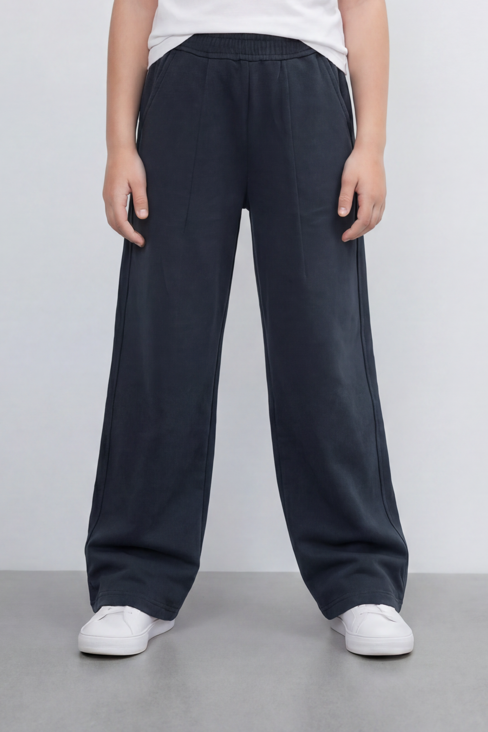 Girl's Tomato Store Soft Drape Wide Leg Pants With Garment Washed Jersey Texture Plain Dyed Surface Front Pintuck Seam Detail Sweatpants