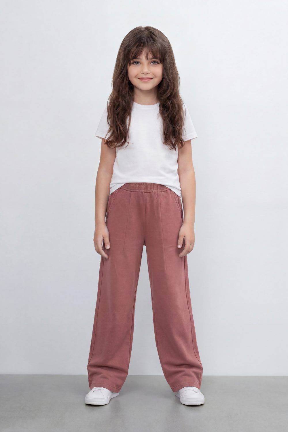Girl's Tomato Store Soft Drape Wide Leg Pants With Garment Washed Jersey Texture Plain Dyed Surface Front Pintuck Seam Detail Sweatpants