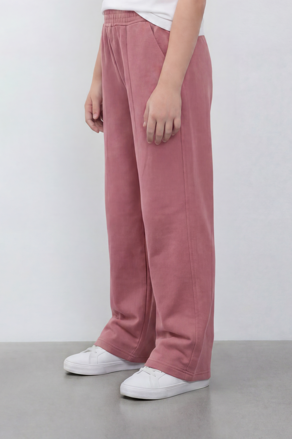 Girl's Tomato Store Soft Drape Wide Leg Pants With Garment Washed Jersey Texture Plain Dyed Surface Front Pintuck Seam Detail Sweatpants