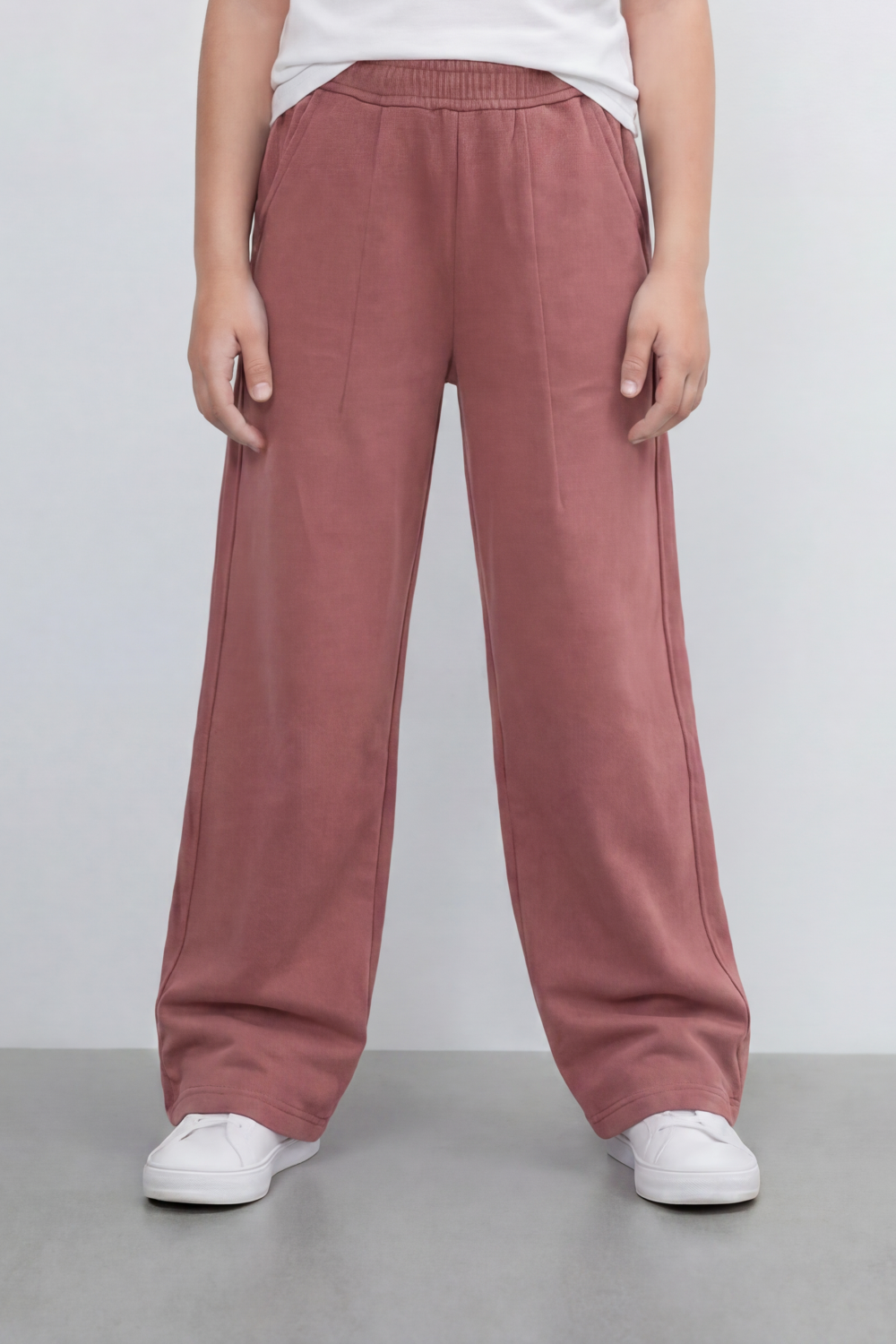 Girl's Tomato Store Soft Drape Wide Leg Pants With Garment Washed Jersey Texture Plain Dyed Surface Front Pintuck Seam Detail Sweatpants