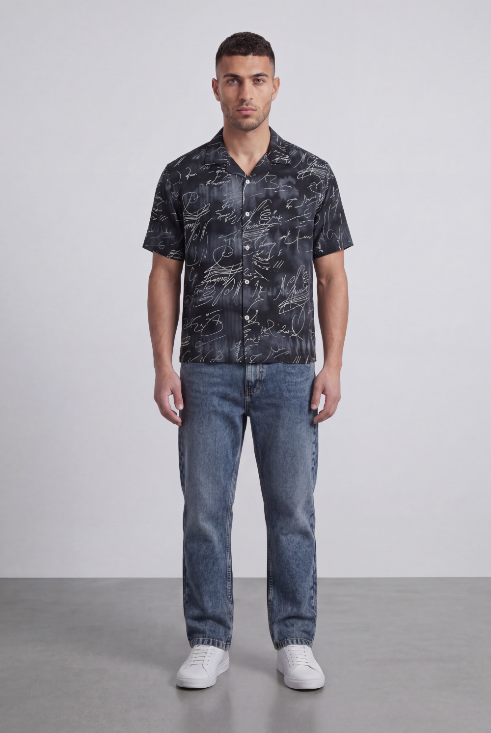Men’s Tomato Store Allover Signature Script Print Camp Collar Shirt Regular Fit Button Front