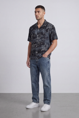 Men’s Tomato Store Allover Signature Script Print Camp Collar Shirt Regular Fit Button Front