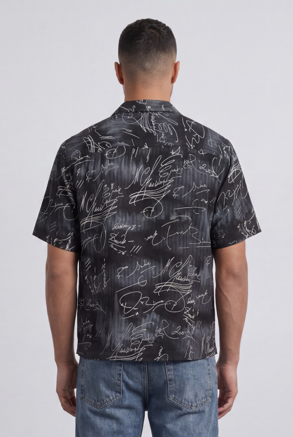 Men’s Tomato Store Allover Signature Script Print Camp Collar Shirt Regular Fit Button Front