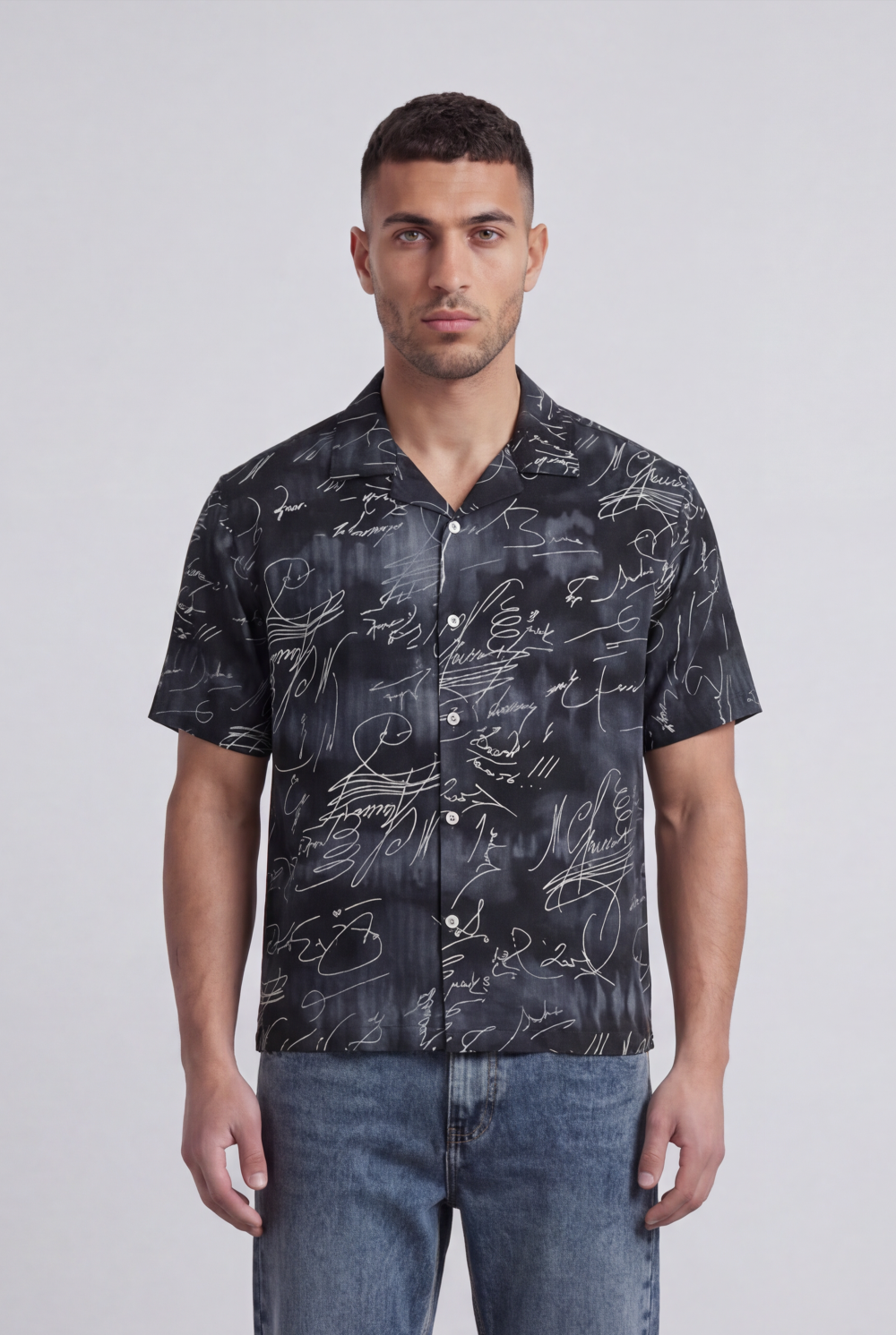 Men’s Tomato Store Allover Signature Script Print Camp Collar Shirt Regular Fit Button Front