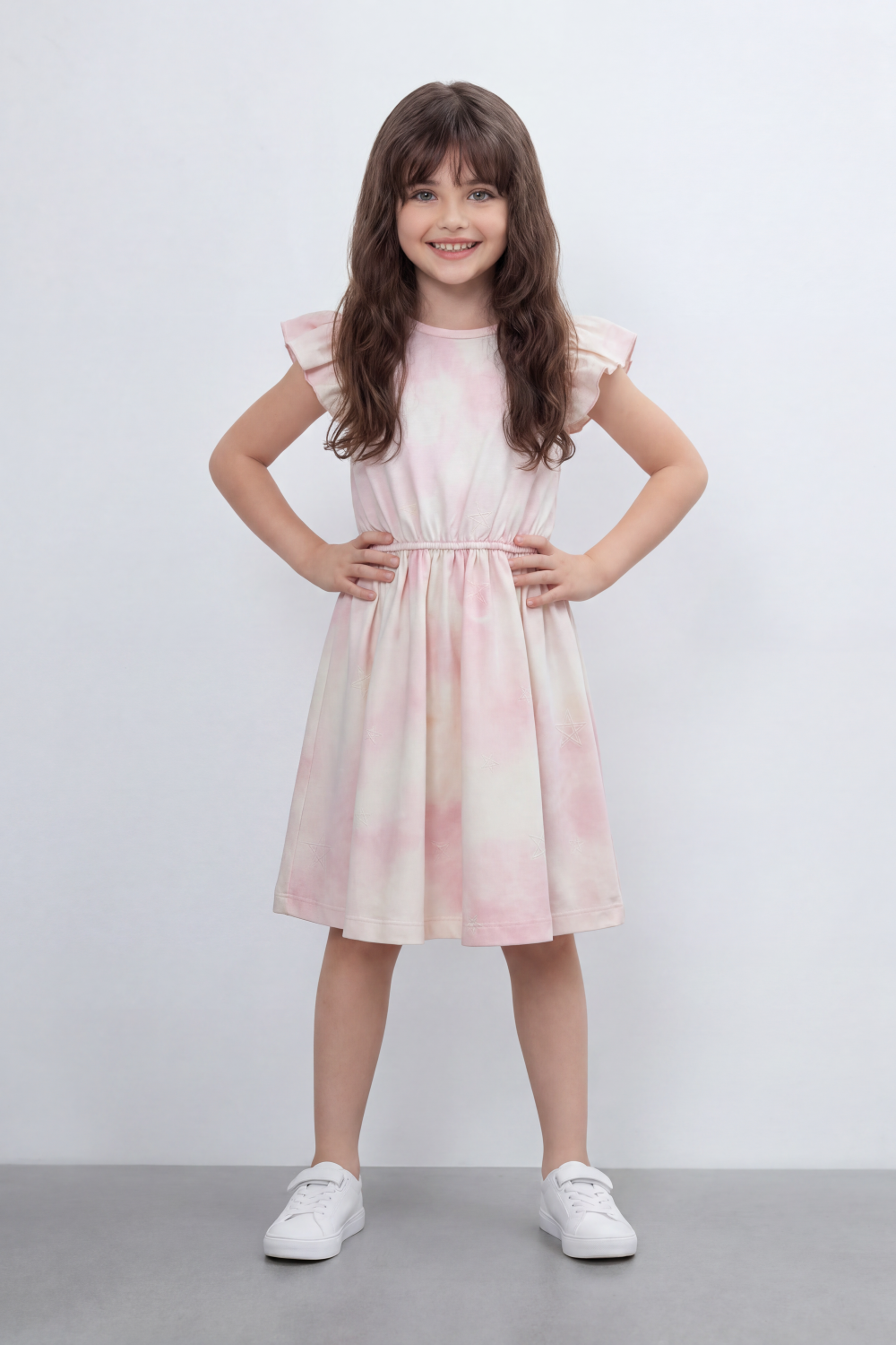 Girl's Tomato Store Blush Cloud Midi Dress Soft Tie Dye Wash Across The Body Subtle Star Texture Elastic Waistline Ruffle Trim Regular Fit