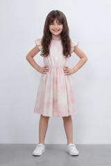 Girl's Tomato Store Blush Cloud Midi Dress Soft Tie Dye Wash Across The Body Subtle Star Texture Elastic Waistline Ruffle Trim Regular Fit
