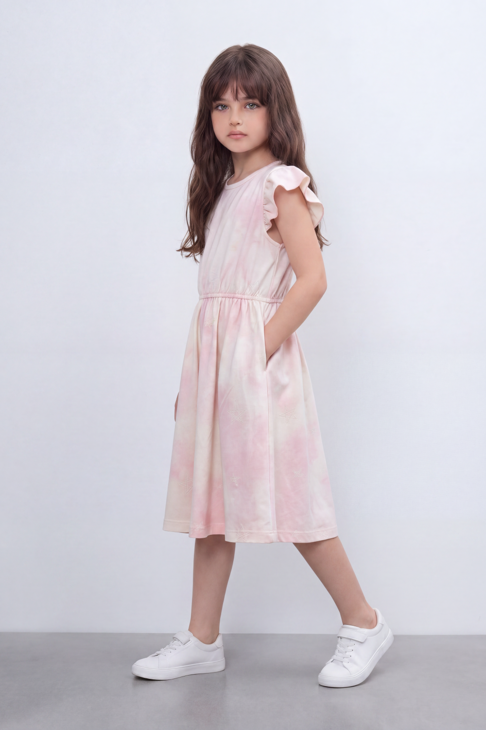 Girl's Tomato Store Blush Cloud Midi Dress Soft Tie Dye Wash Across The Body Subtle Star Texture Elastic Waistline Ruffle Trim Regular Fit