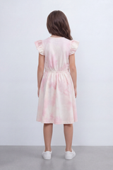Girl's Tomato Store Blush Cloud Midi Dress Soft Tie Dye Wash Across The Body Subtle Star Texture Elastic Waistline Ruffle Trim Regular Fit