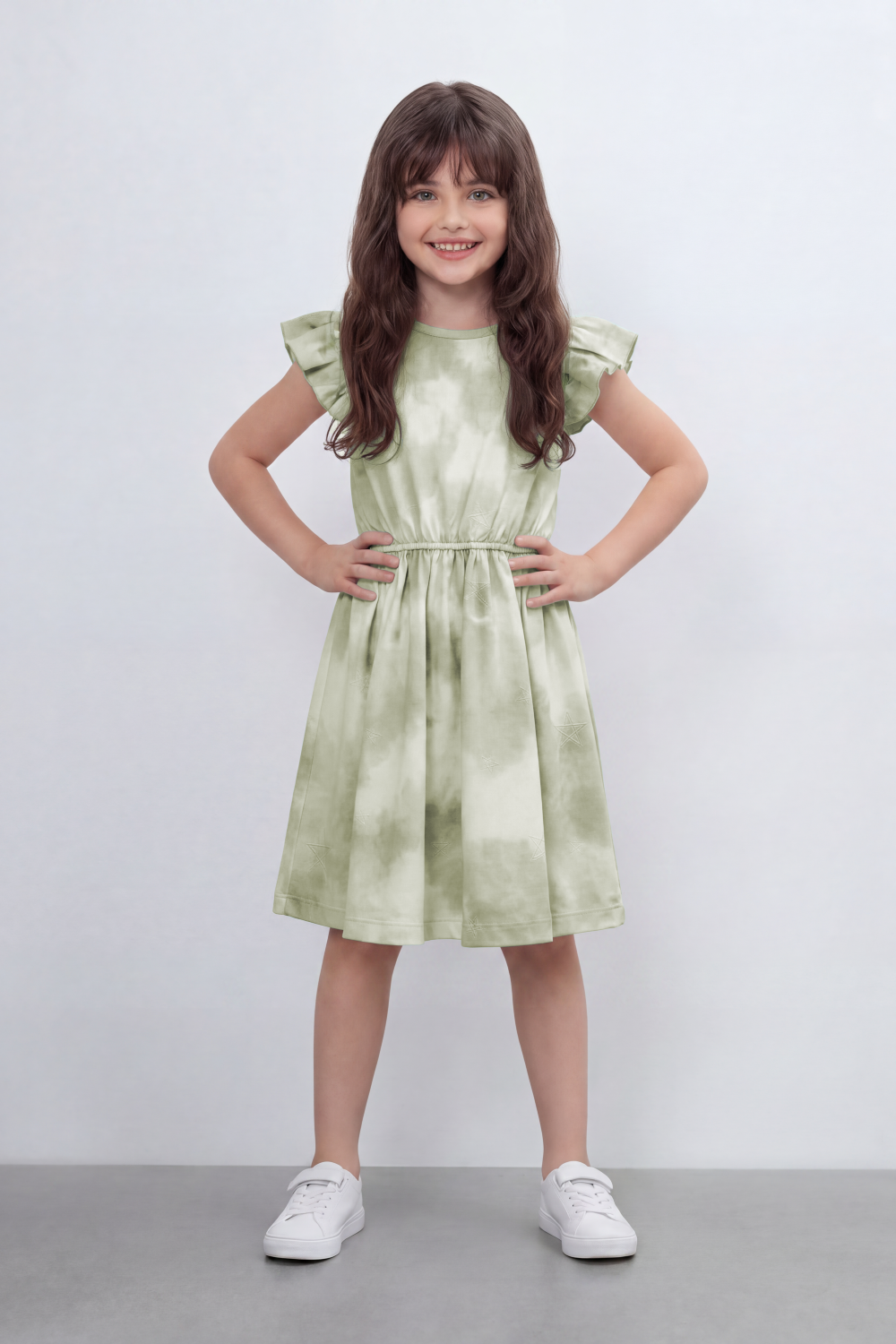 Girl's Tomato Store Blush Cloud Midi Dress Soft Tie Dye Wash Across The Body Subtle Star Texture Elastic Waistline Ruffle Trim Regular Fit