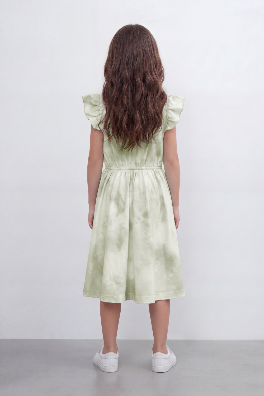 Girl's Tomato Store Blush Cloud Midi Dress Soft Tie Dye Wash Across The Body Subtle Star Texture Elastic Waistline Ruffle Trim Regular Fit