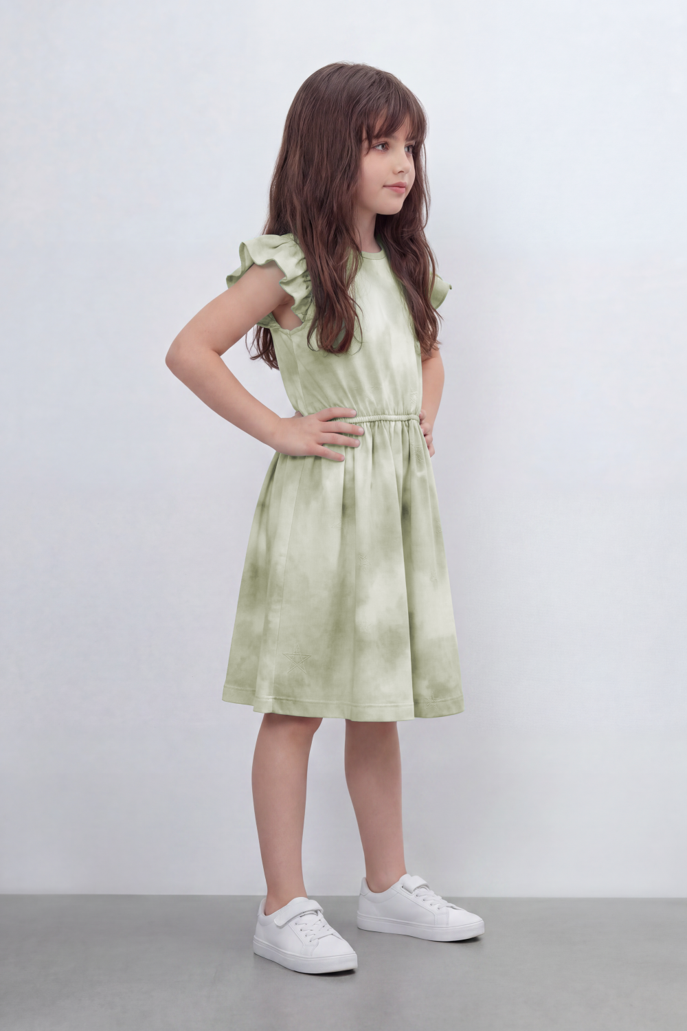 Girl's Tomato Store Blush Cloud Midi Dress Soft Tie Dye Wash Across The Body Subtle Star Texture Elastic Waistline Ruffle Trim Regular Fit