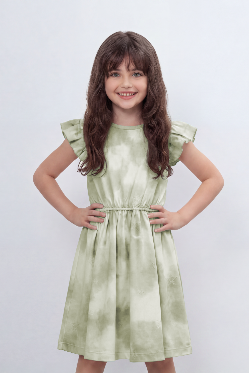 Girl's Tomato Store Blush Cloud Midi Dress Soft Tie Dye Wash Across The Body Subtle Star Texture Elastic Waistline Ruffle Trim Regular Fit