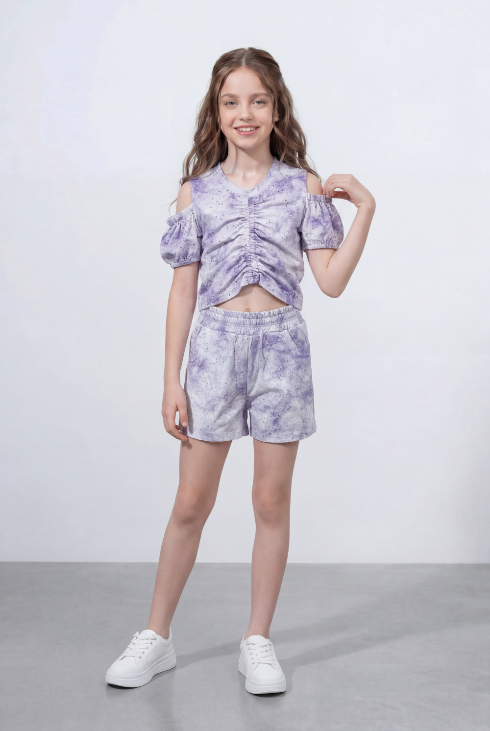 Girl's Tie Dye Co-Ord Set Ruched Front Top With Cold Shoulder Sleeves Wash Effect Fabric Outfit