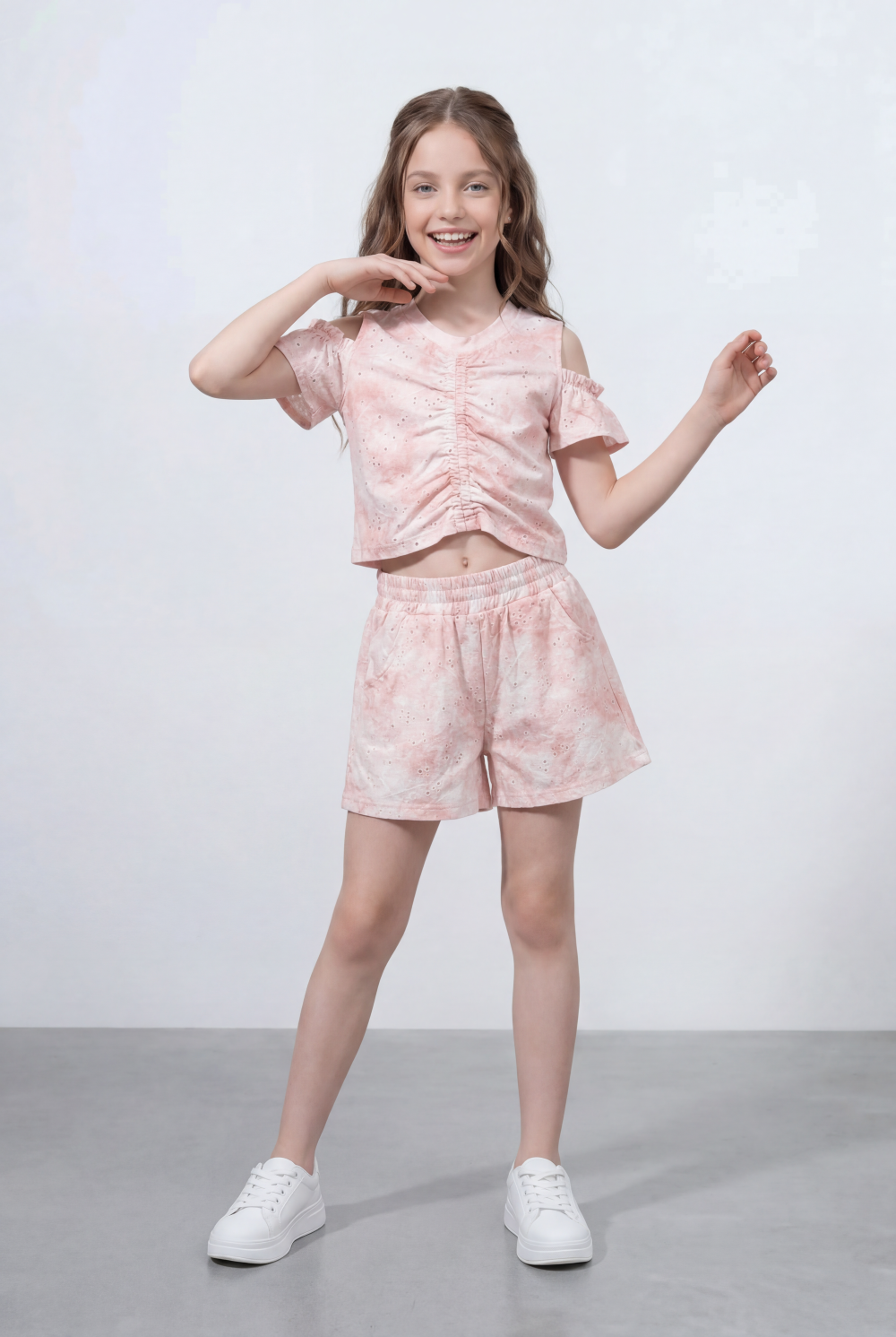 Girl's Tie Dye Co-Ord Set Ruched Front Top With Cold Shoulder Sleeves Wash Effect Fabric Outfit