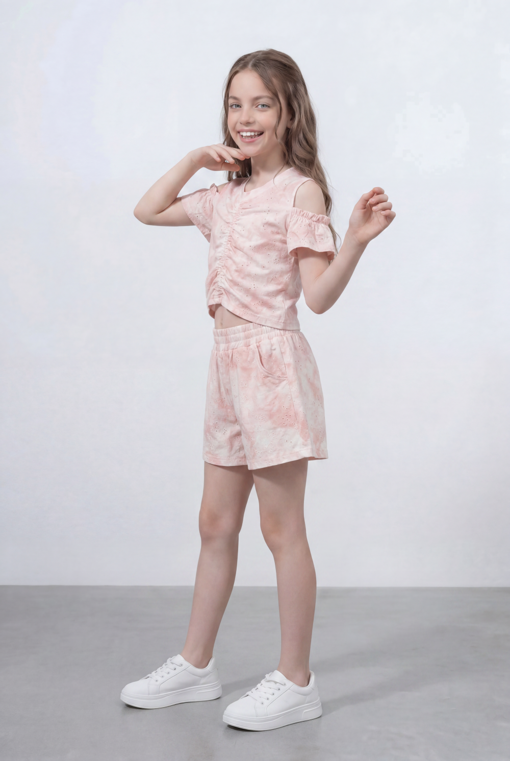 Girl's Tie Dye Co-Ord Set Ruched Front Top With Cold Shoulder Sleeves Wash Effect Fabric Outfit