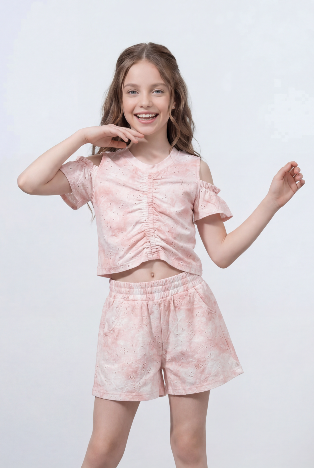Girl's Tie Dye Co-Ord Set Ruched Front Top With Cold Shoulder Sleeves Wash Effect Fabric Outfit