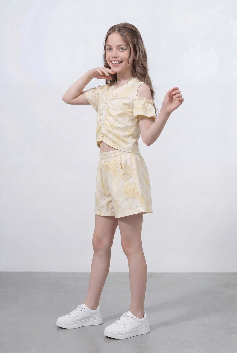 Girl's Tie Dye Co-Ord Set Ruched Front Top With Cold Shoulder Sleeves Wash Effect Fabric Outfit