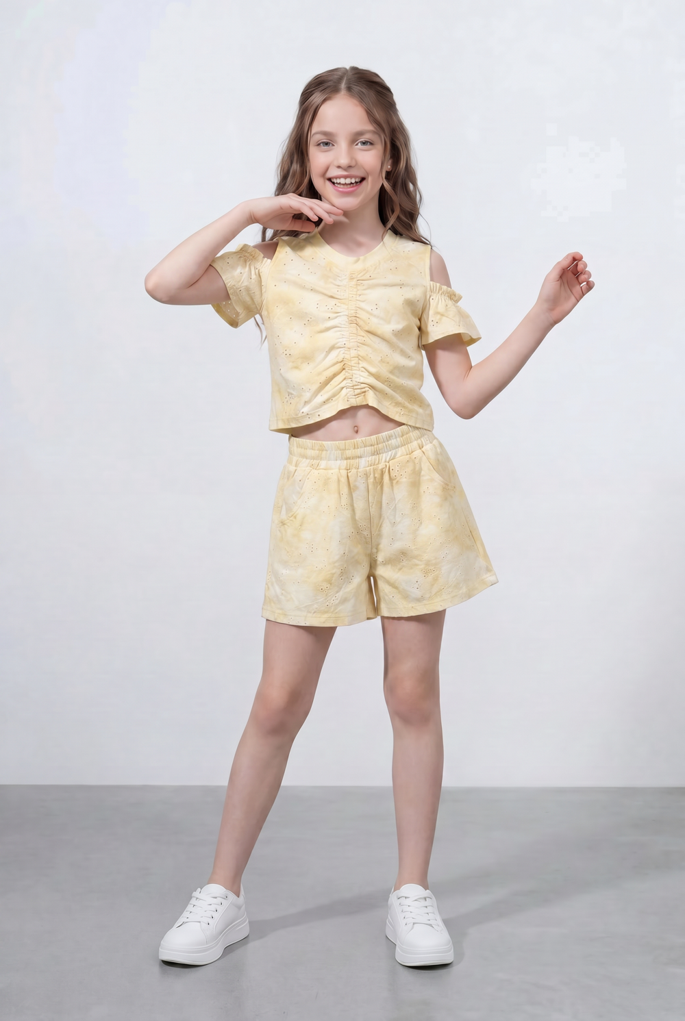 Girl's Tie Dye Co-Ord Set Ruched Front Top With Cold Shoulder Sleeves Wash Effect Fabric Outfit