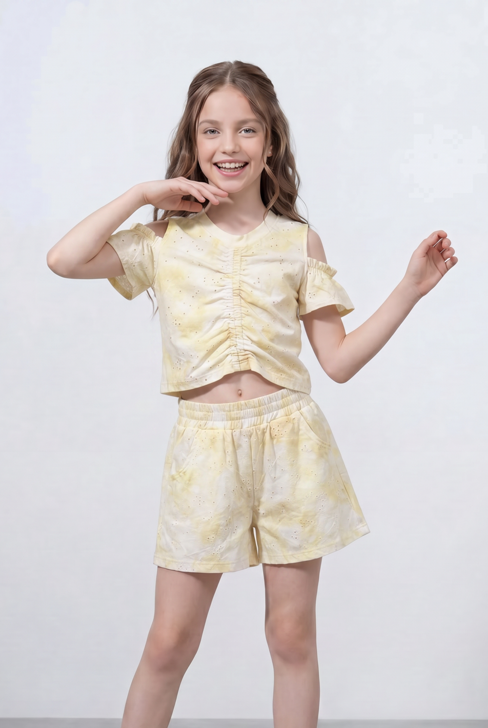 Girl's Tie Dye Co-Ord Set Ruched Front Top With Cold Shoulder Sleeves Wash Effect Fabric Outfit