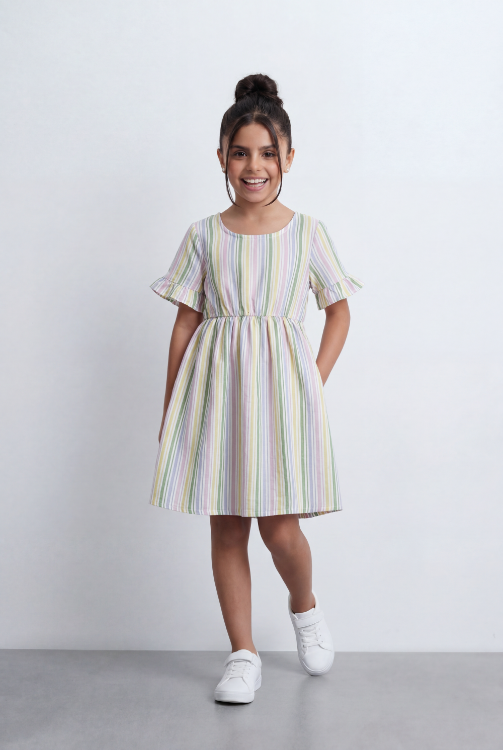 Girl's Striped Poplin Tomato Store Dress Flutter Sleeve Fit-And-Flare With Elasticated Waist