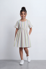 Girl's Striped Poplin Tomato Store Dress Flutter Sleeve Fit-And-Flare With Elasticated Waist